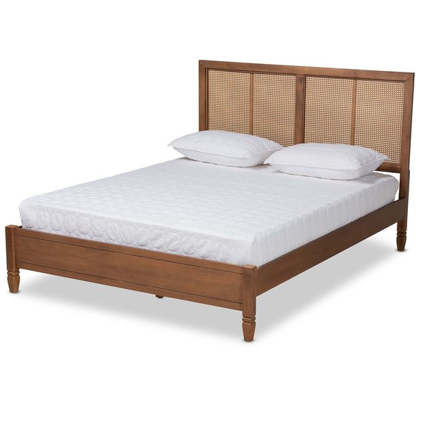 Baxton Studio Redmond Mid-Century Modern Walnut Brown Finished Wood and Synthetic Rattan King Size Platform Bed 183-11059-Zoro